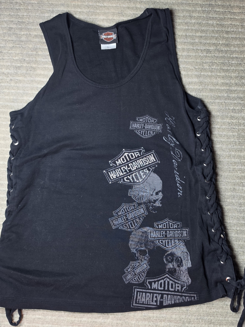Harley-Davidson Women's Tank Top Skull Lace Up Sides Black Large